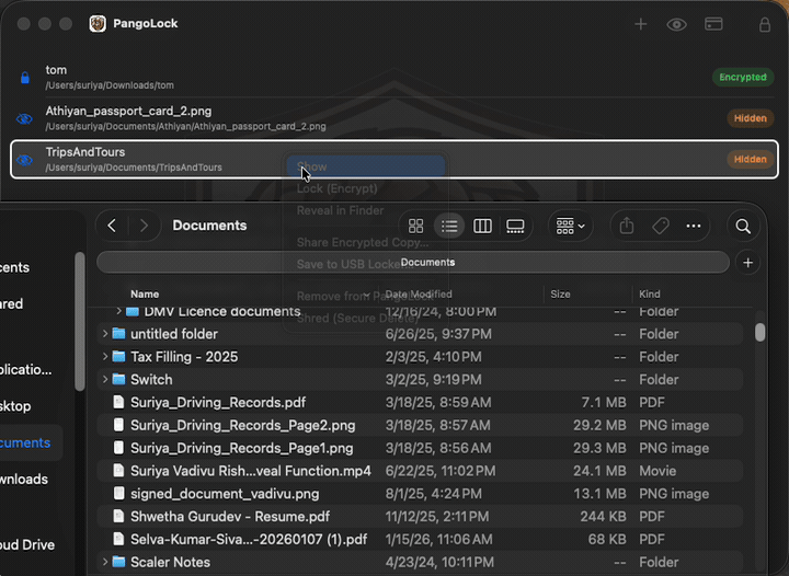 PangoLock demo: hide and encrypt a folder in one click